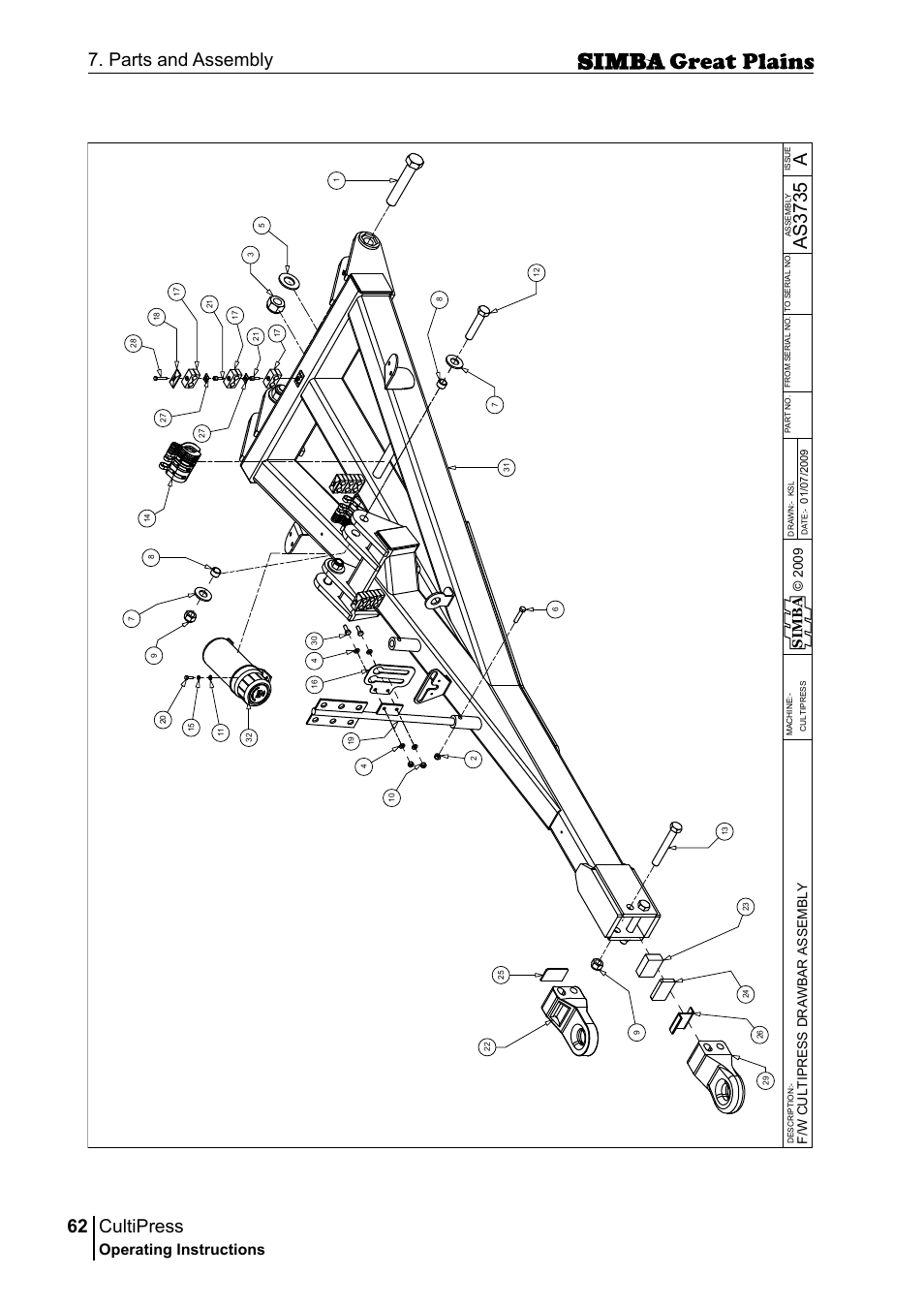 Cultipress, 62 7. parts and assembly, Aas 37 35 | Operating instructions, Si m b a | Great Plains P17961C Operator Manual User Manual | Page 62 / 232