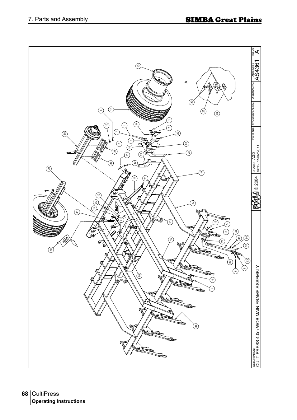 Cultipress, 68 7. parts and assembly, Aas 43 61 | Operating instructions, Si m b a | Great Plains P17961C Operator Manual User Manual | Page 68 / 232