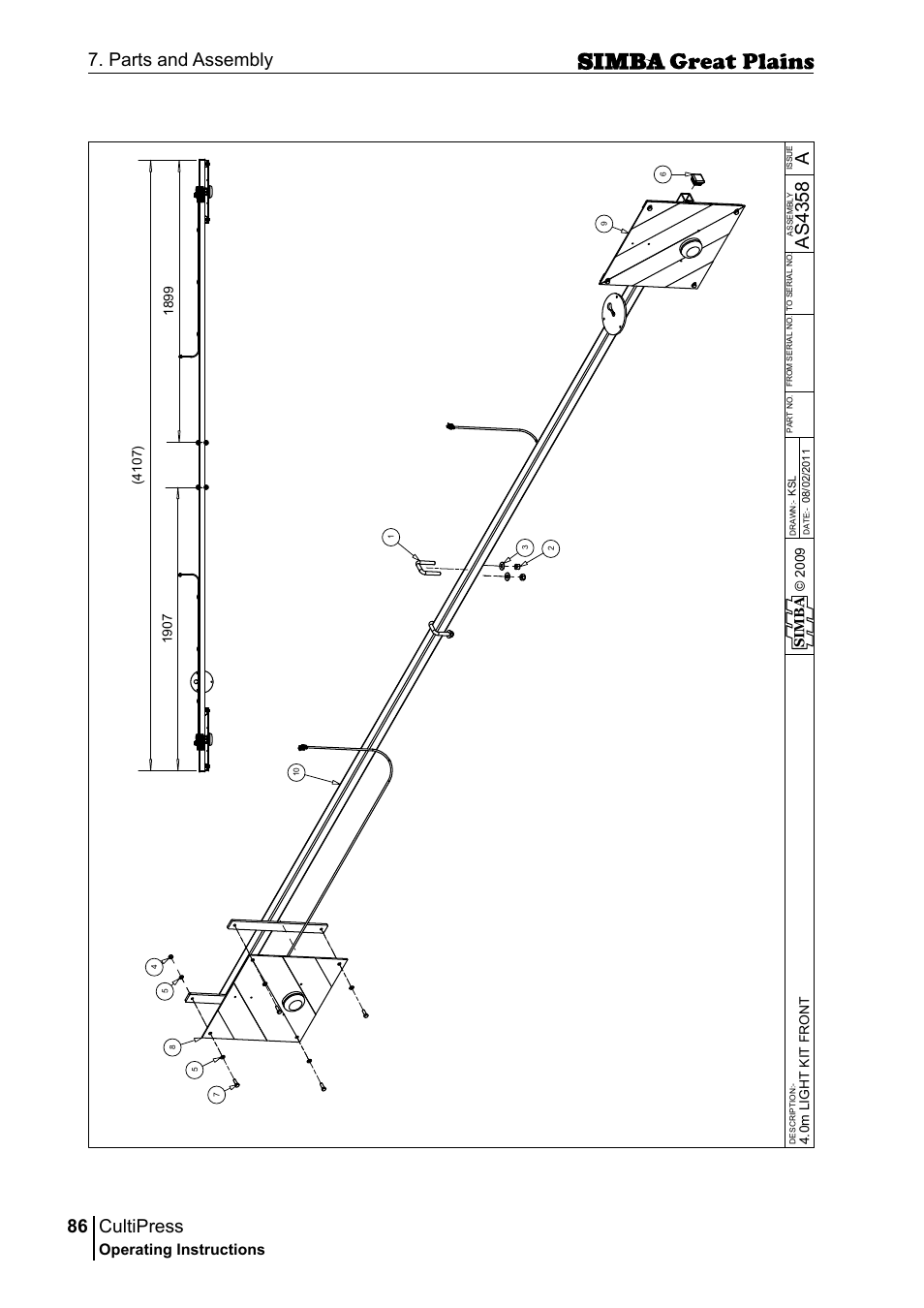 Cultipress, 86 7. parts and assembly, Aas 43 58 | Operating instructions, Si m b a | Great Plains P17961C Operator Manual User Manual | Page 86 / 232