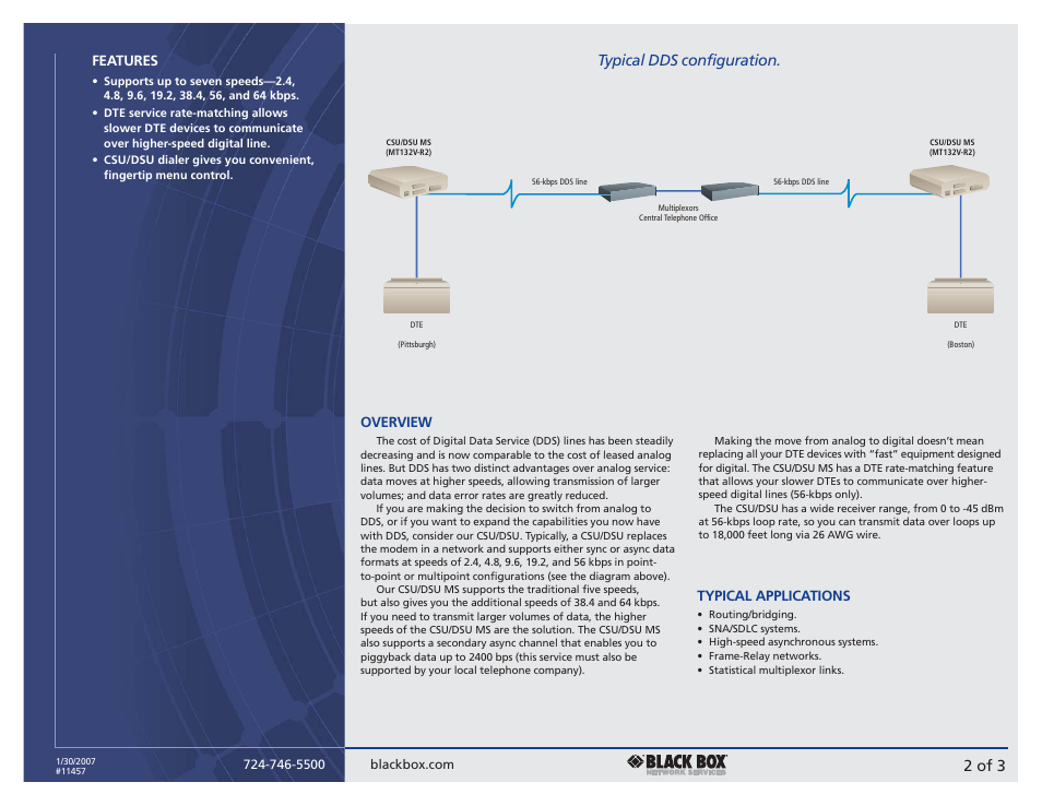 2 of 3, Typical dds configuration, Features | Overview, Typical applications | Black Box CSU MS User Manual | Page 2 / 3