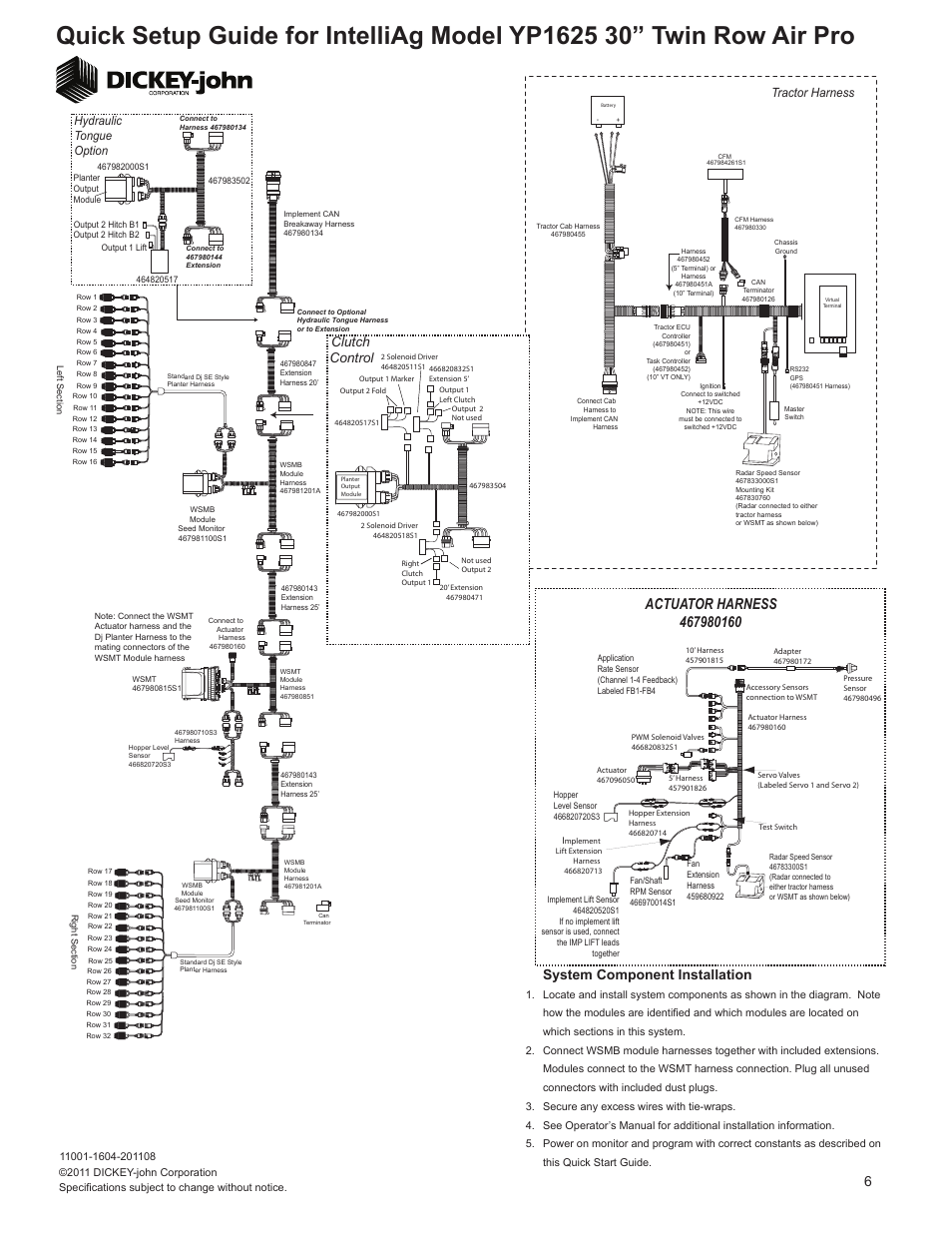 System component installation, Clutch control, Tractor harness | Hydraulic tongue option | Great Plains YP1625A-32TR 32 Twin Row 30-Inch Quick Start User Manual | Page 6 / 6
