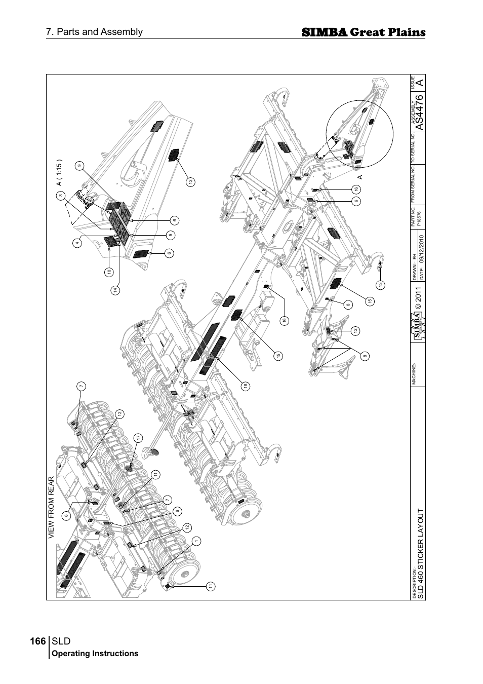 166 7. parts and assembly, Aas 44 76, Operating instructions | Si m b a, Sld 4 60 s ti c k er l a yo u t, A( 1 :1 5 ) a | Great Plains P18432E Operator Manual User Manual | Page 166 / 178