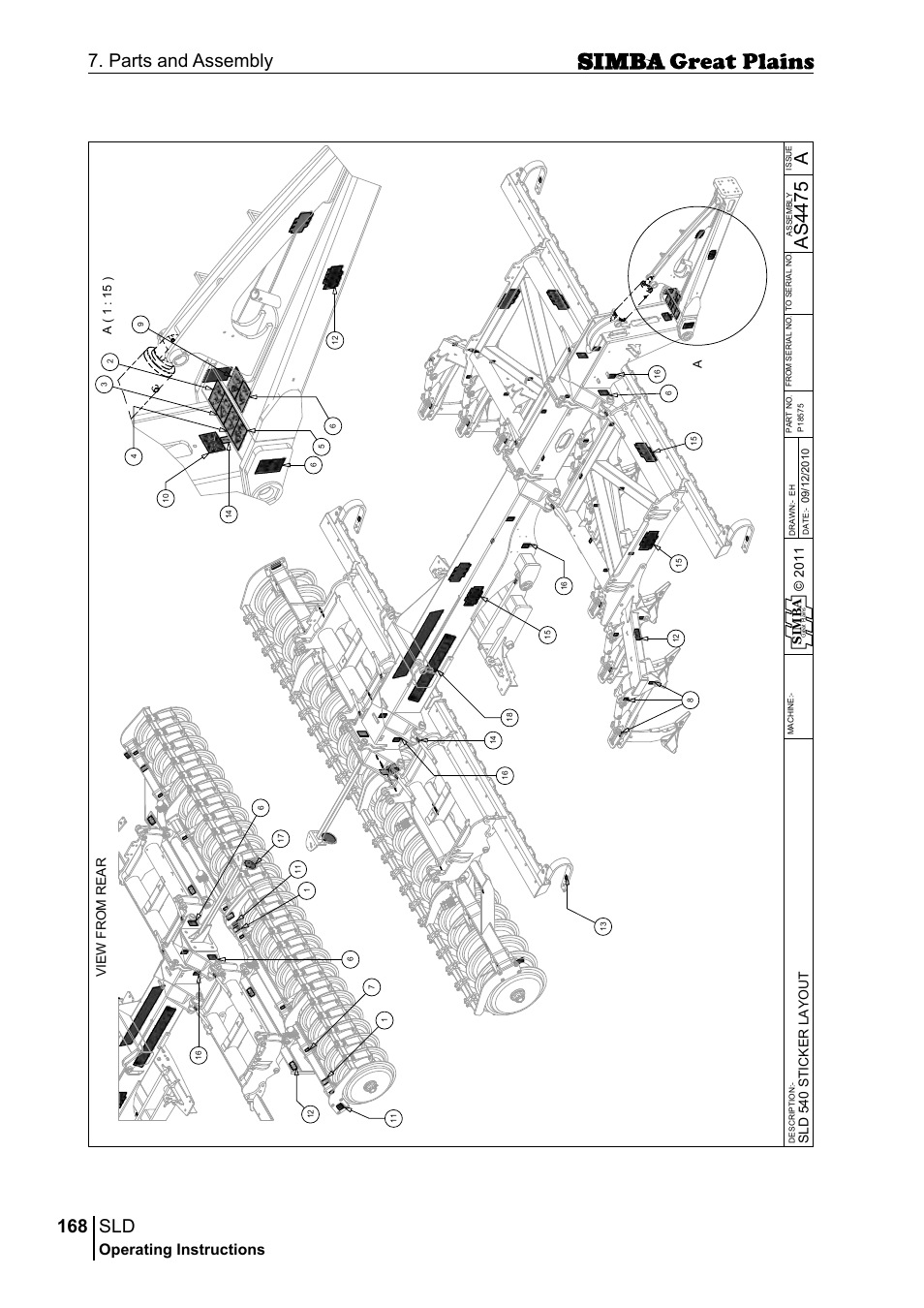 168 7. parts and assembly, Aas 44 75, Operating instructions | Si m b a, Sld 5 40 s ti c k er l a yo u t, A( 1 : 15 ) | Great Plains P18432E Operator Manual User Manual | Page 168 / 178