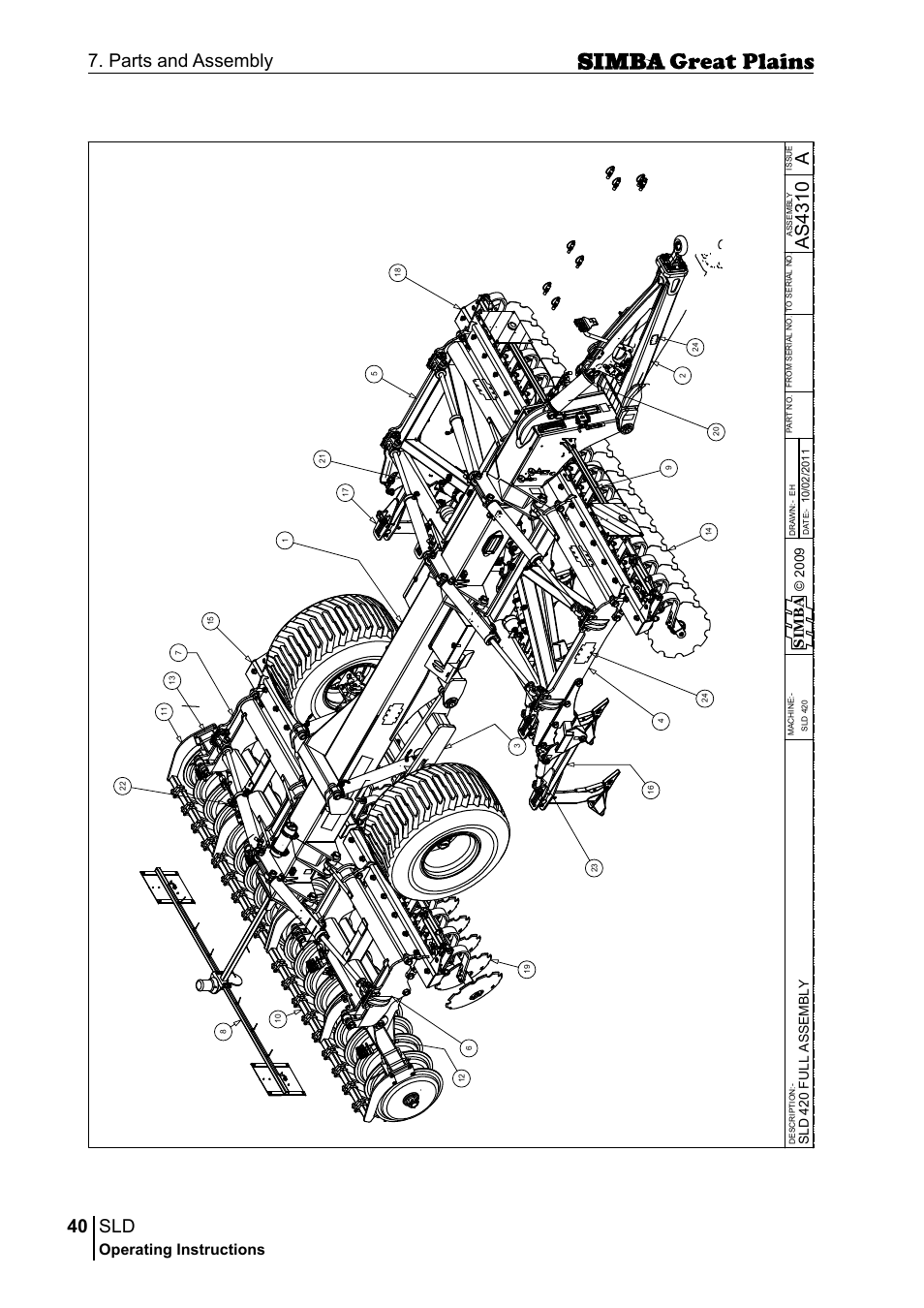 40 7. parts and assembly, Aas 43 10, Operating instructions | Si m b a, Sld 4 20 f u ll a s se m b ly | Great Plains P18432E Operator Manual User Manual | Page 40 / 178