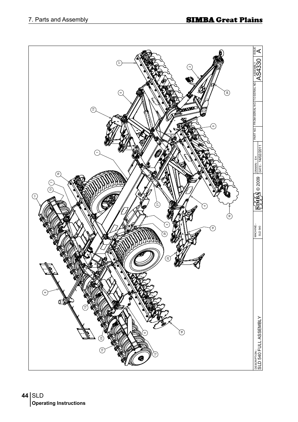 44 7. parts and assembly, Aas 43 30, Operating instructions | Si m b a, Sld 5 40 f u ll a s se m b ly | Great Plains P18432E Operator Manual User Manual | Page 44 / 178