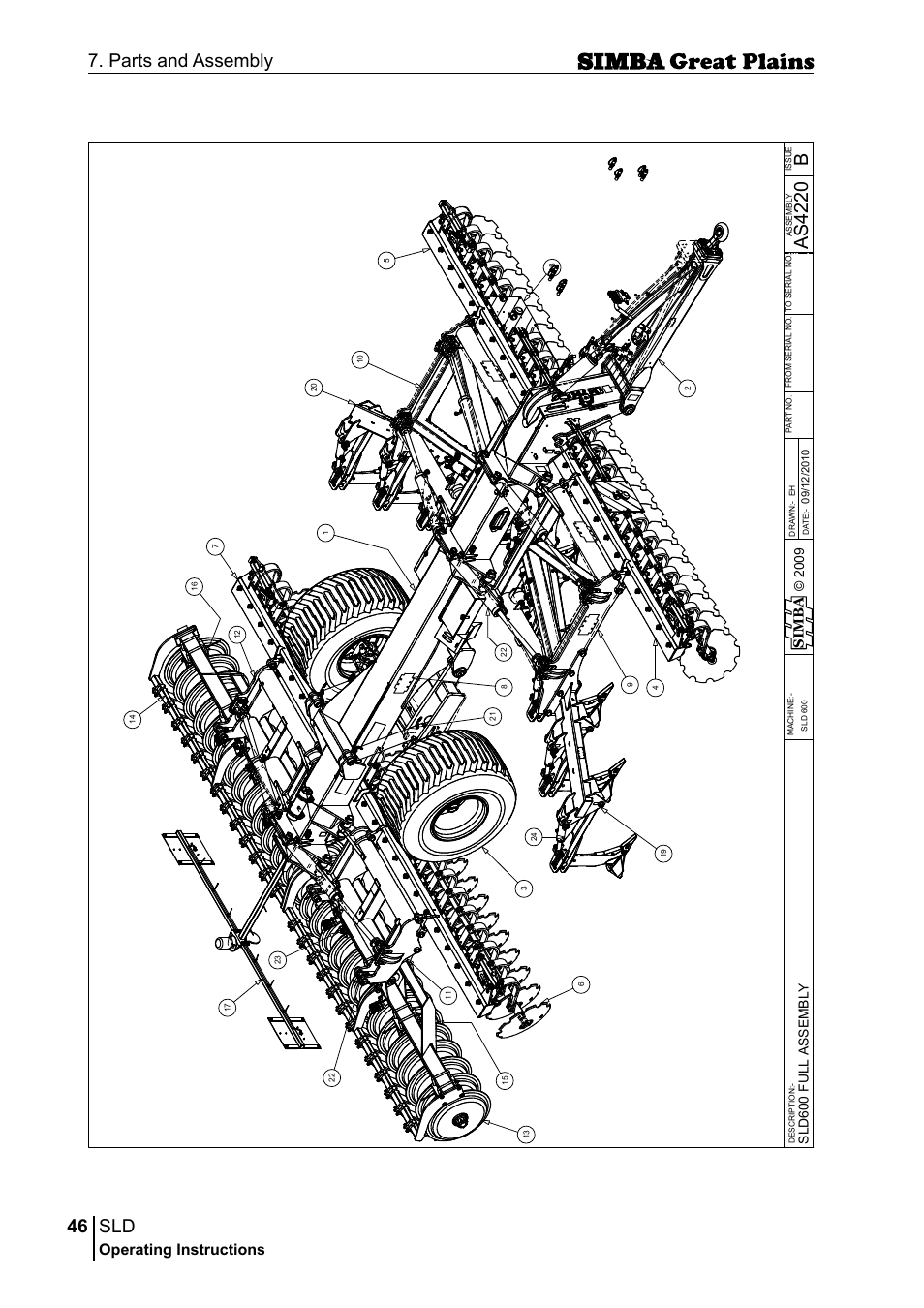 46 7. parts and assembly, Bas 42 20, Operating instructions | Si m b a, Sld 60 0 fu ll a ss em b ly | Great Plains P18432E Operator Manual User Manual | Page 46 / 178