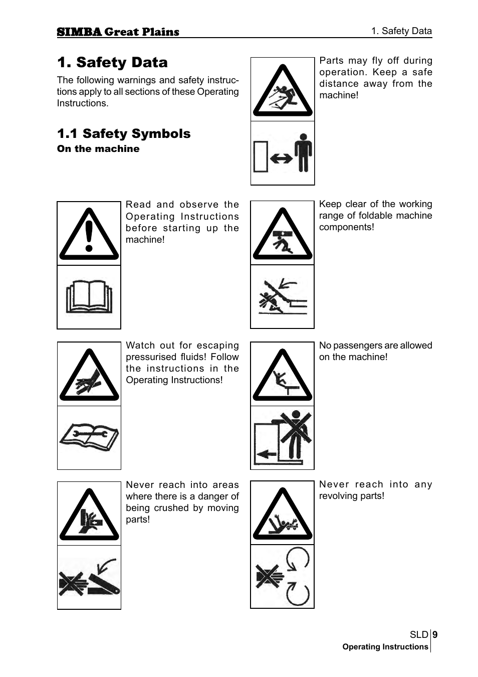 Safety data, 1 safety symbols | Great Plains P18432E Operator Manual User Manual | Page 9 / 178