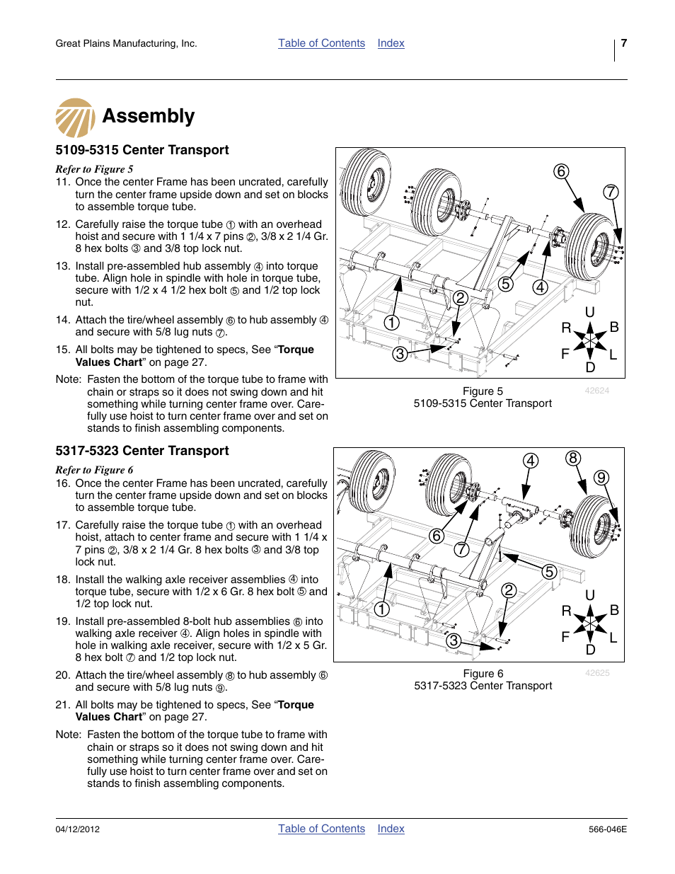 Assembly, 5109-5315 center transport, 5317-5323 center transport | Great Plains TC5319 Assembly Manual User Manual | Page 11 / 74