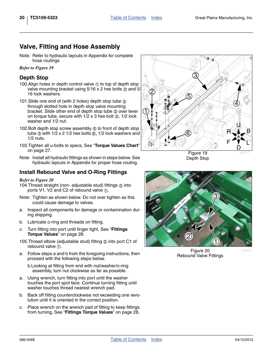 Valve, fitting and hose assembly, Depth stop, Install rebound valve and o-ring fittings | Great Plains TC5319 Assembly Manual User Manual | Page 24 / 74
