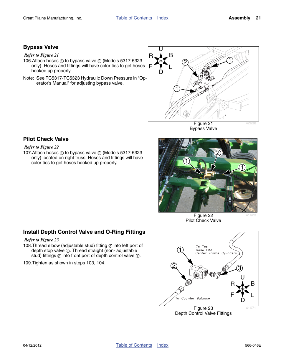 Bypass valve, Pilot check valve, Install depth control valve and o-ring fittings | Great Plains TC5319 Assembly Manual User Manual | Page 25 / 74