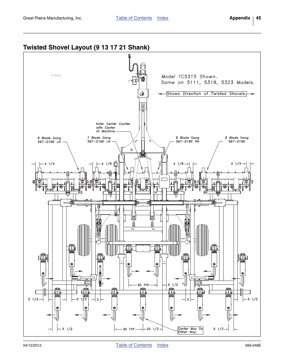 Twisted shovel layout (9 13 17 21 shank) | Great Plains TC5319 Assembly Manual User Manual | Page 49 / 74