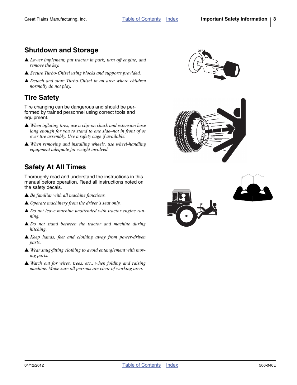 Shutdown and storage, Tire safety, Safety at all times | Great Plains TC5319 Assembly Manual User Manual | Page 7 / 74