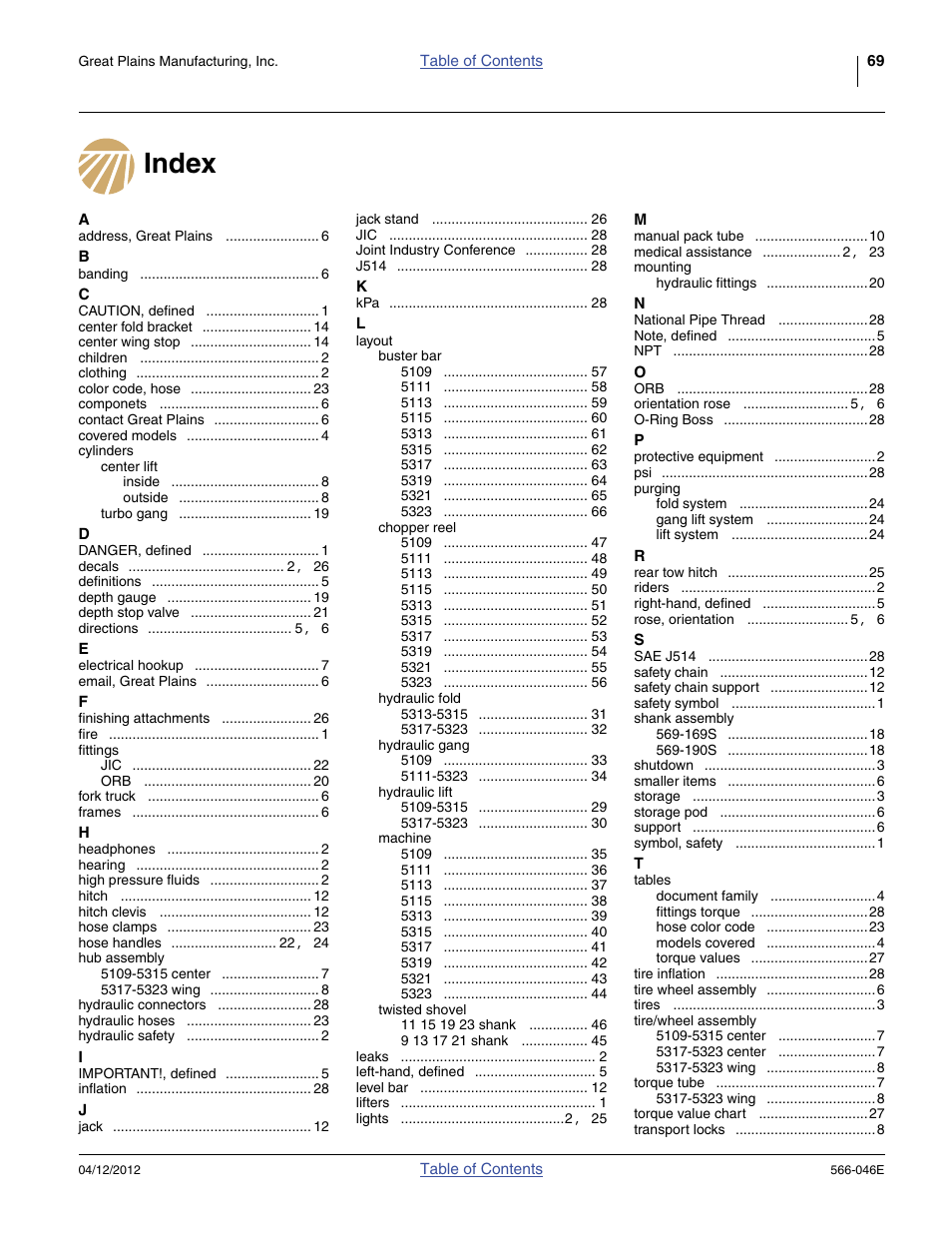 Index | Great Plains TC5319 Assembly Manual User Manual | Page 71 / 74