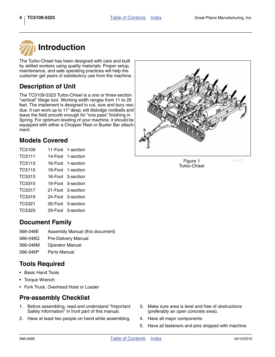 Introduction, Description of unit, Models covered | Document family, Tools required, Pre-assembly checklist, Models covered document family tools required | Great Plains TC5319 Assembly Manual User Manual | Page 8 / 74