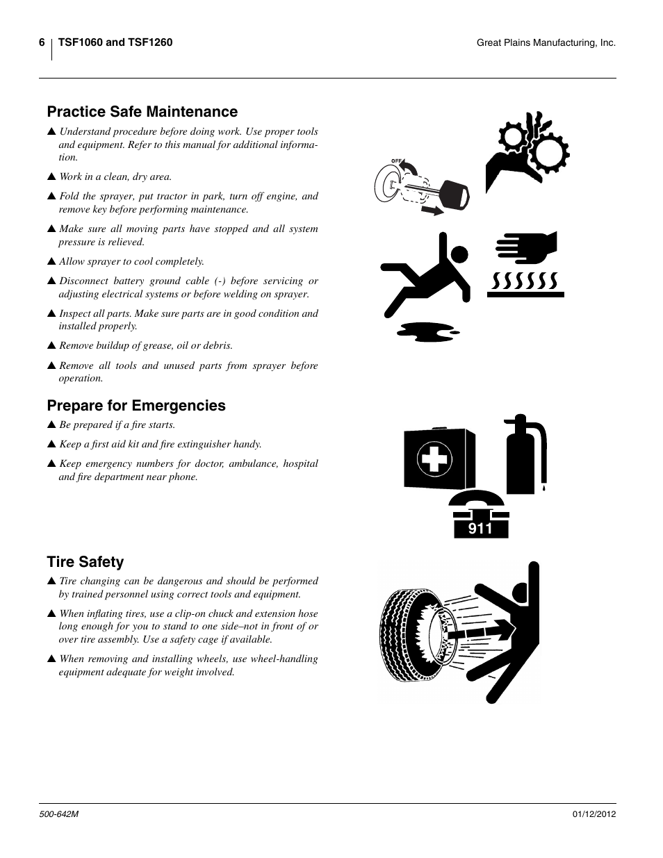 Practice safe maintenance, Prepare for emergencies, Tire safety | Great Plains TSF1260 Operator Manual User Manual | Page 10 / 94