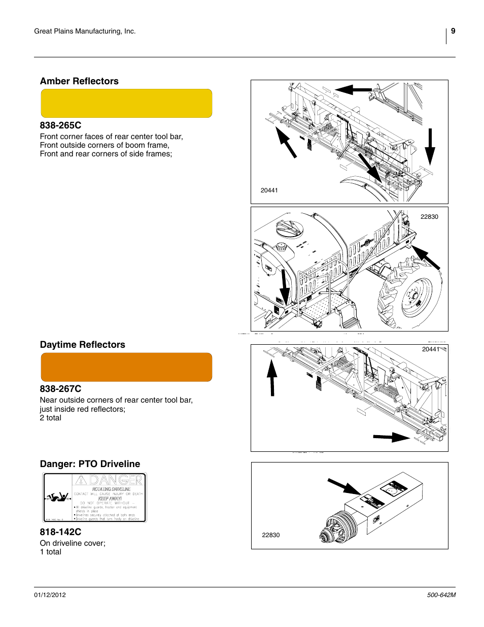 Amber reflectors 838-265c, Daytime reflectors 838-267c, Danger: pto driveline 818-142c | Great Plains TSF1260 Operator Manual User Manual | Page 13 / 94