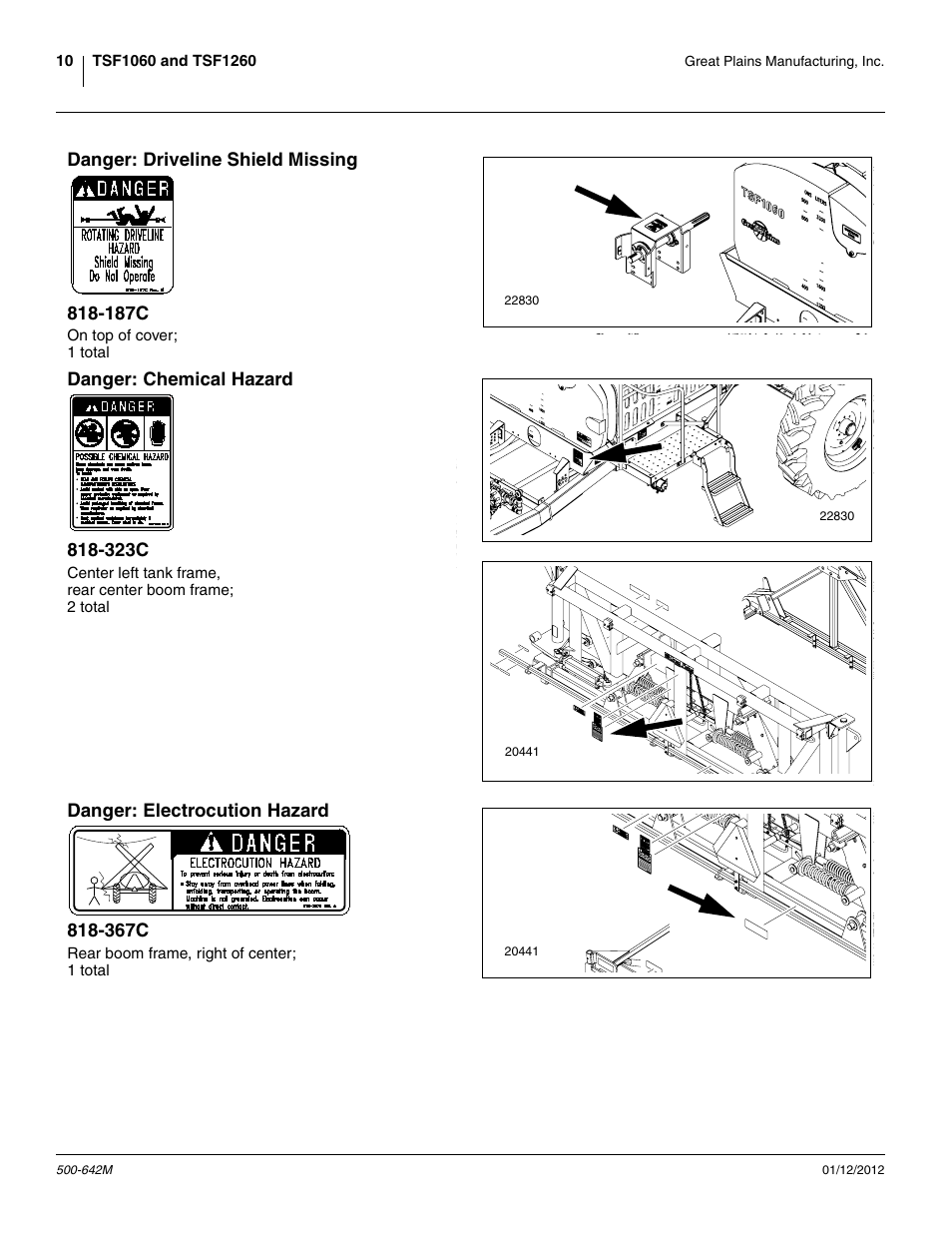 Danger: driveline shield missing 818-187c, Danger: chemical hazard 818-323c, Danger: electrocution hazard 818-367c | Great Plains TSF1260 Operator Manual User Manual | Page 14 / 94