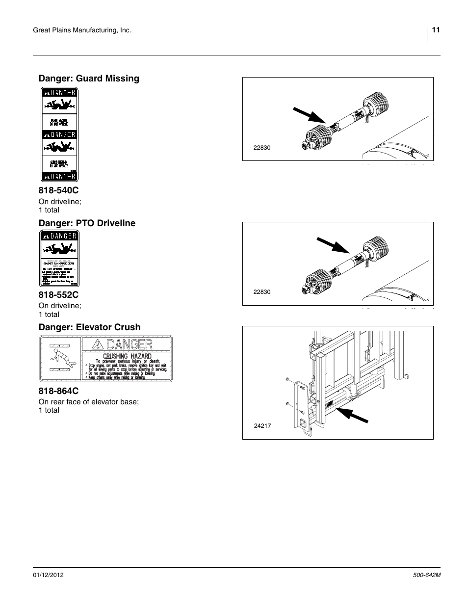 Danger: guard missing 818-540c, Danger: pto driveline 818-552c, Danger: elevator crush 818-864c | Great Plains TSF1260 Operator Manual User Manual | Page 15 / 94