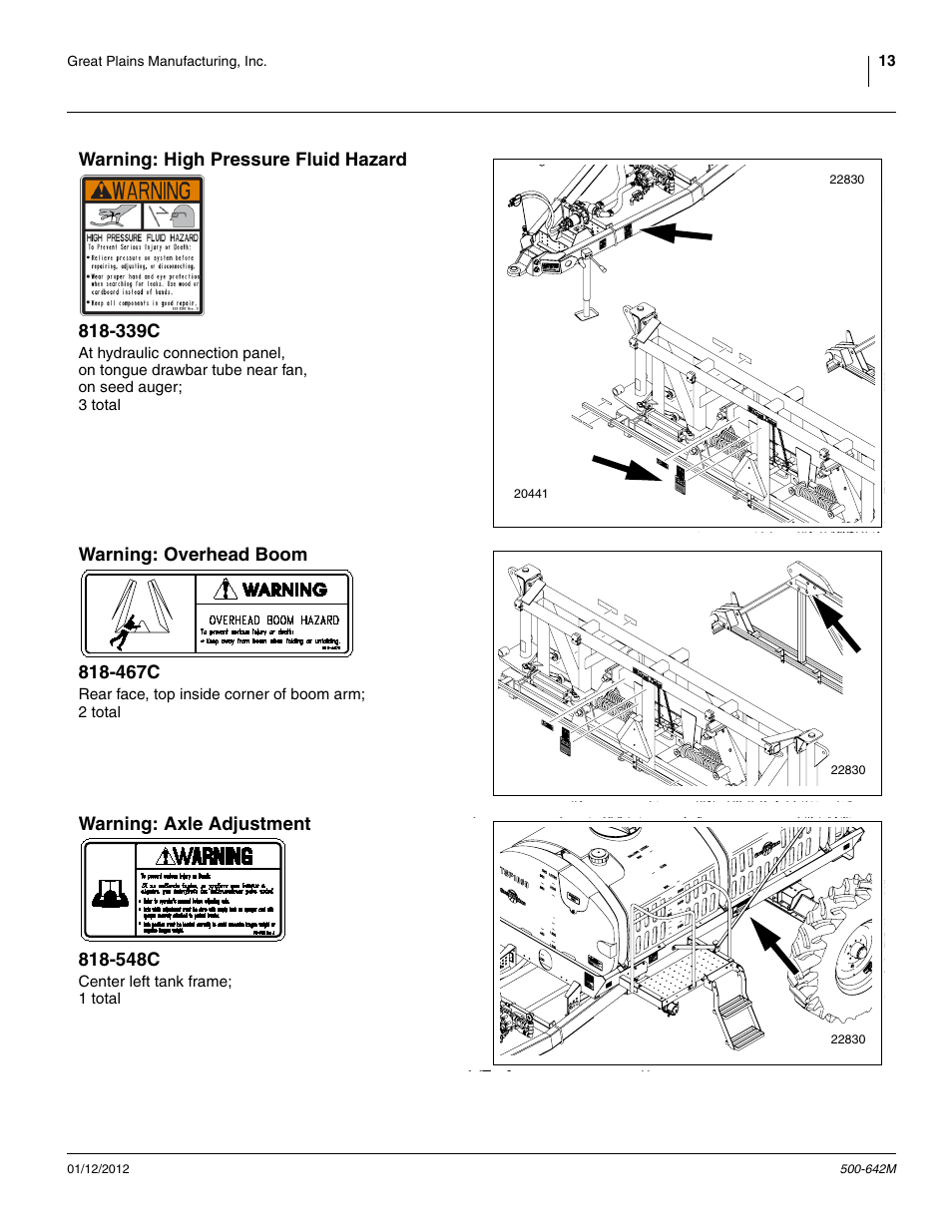 Warning: high pressure fluid hazard 818-339c, Warning: overhead boom 818-467c, Warning: axle adjustment 818-548c | Great Plains TSF1260 Operator Manual User Manual | Page 17 / 94