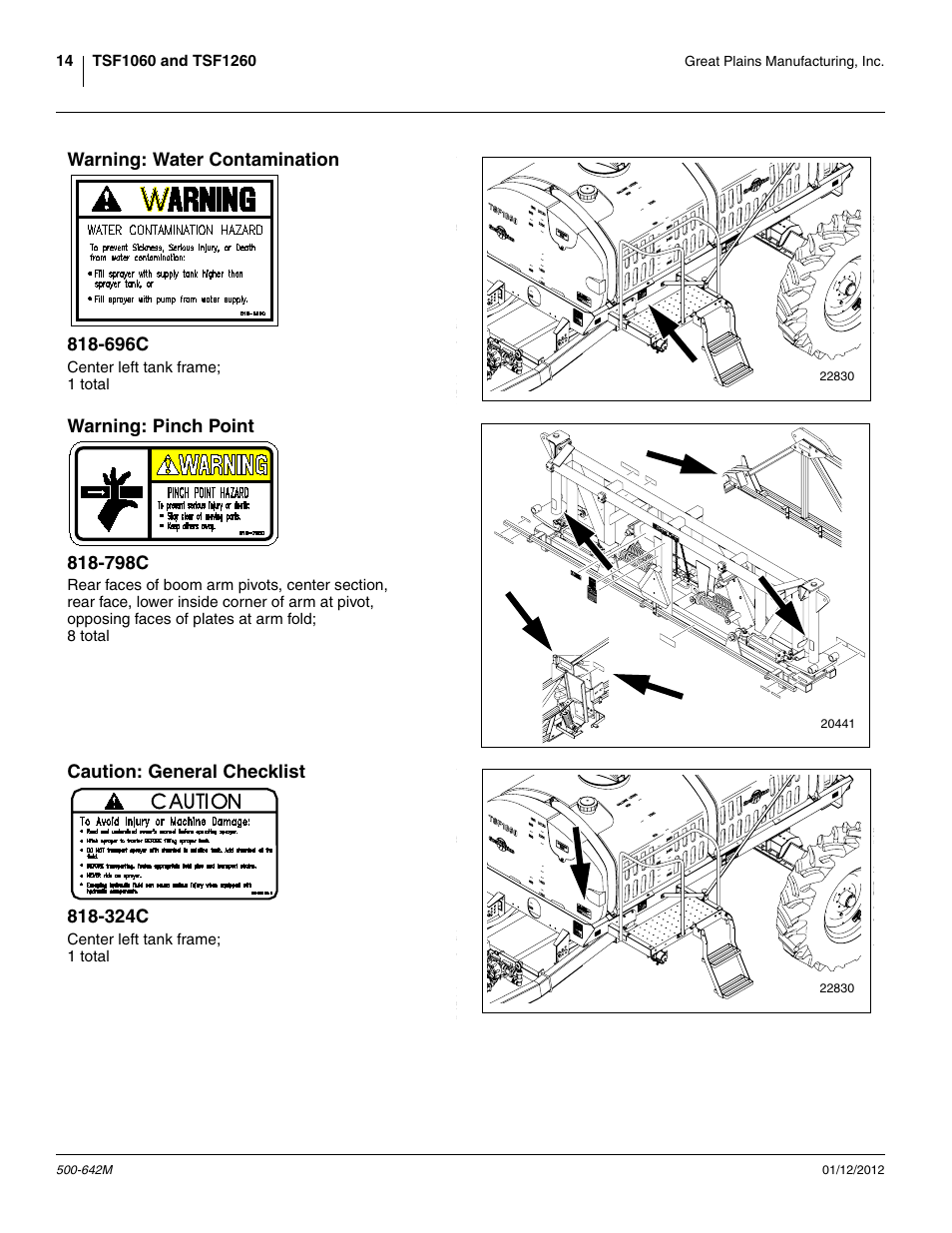 Warning: water contamination 818-696c, Warning: pinch point 818-798c, Caution: general checklist 818-324c | Great Plains TSF1260 Operator Manual User Manual | Page 18 / 94
