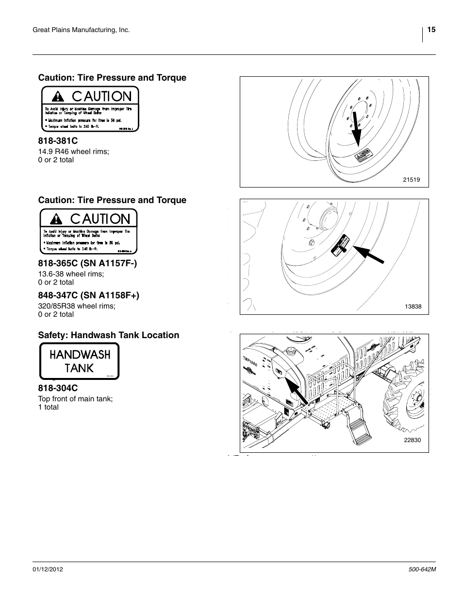 Caution: tire pressure and torque 818-381c, 347c (sn a1158f+), Safety: handwash tank location 818-304c | Great Plains TSF1260 Operator Manual User Manual | Page 19 / 94