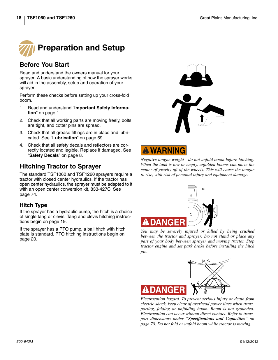 Preparation and setup, Before you start, Hitching tractor to sprayer | Hitch type | Great Plains TSF1260 Operator Manual User Manual | Page 22 / 94