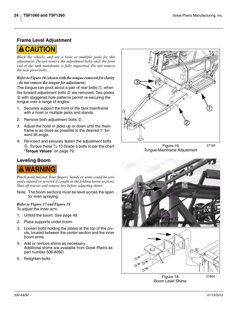 Frame level adjustment, Leveling boom, Frame level adjustment leveling boom | Great Plains TSF1260 Operator Manual User Manual | Page 28 / 94