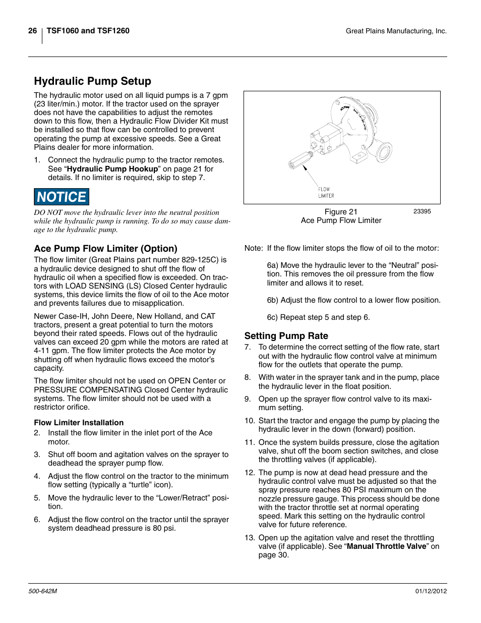 Hydraulic pump setup, Ace pump flow limiter (option), Flow limiter installation | Setting pump rate | Great Plains TSF1260 Operator Manual User Manual | Page 30 / 94