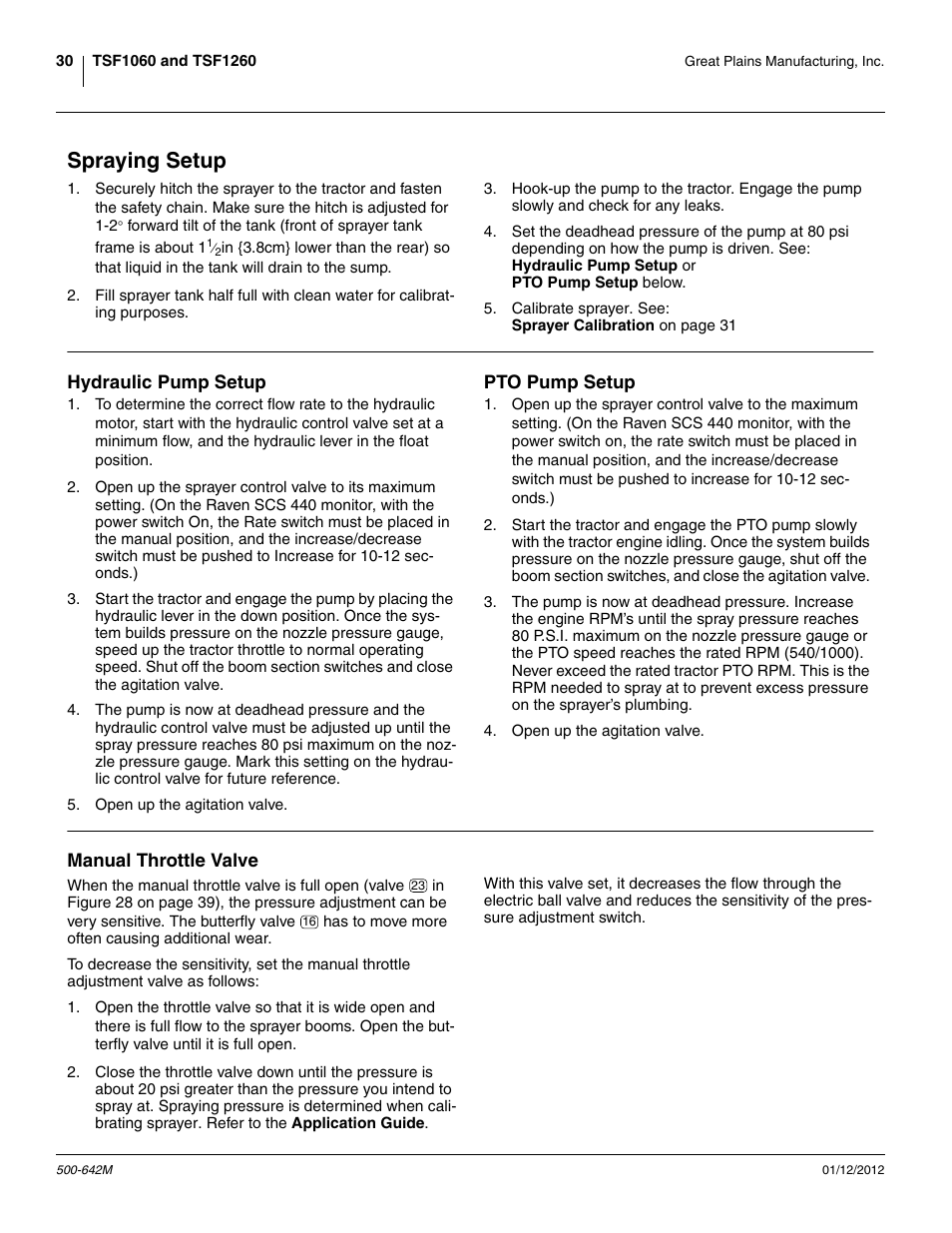 Spraying setup, Hydraulic pump setup, Pto pump setup | Manual throttle valve, Hydraulic pump setup pto pump setup | Great Plains TSF1260 Operator Manual User Manual | Page 34 / 94