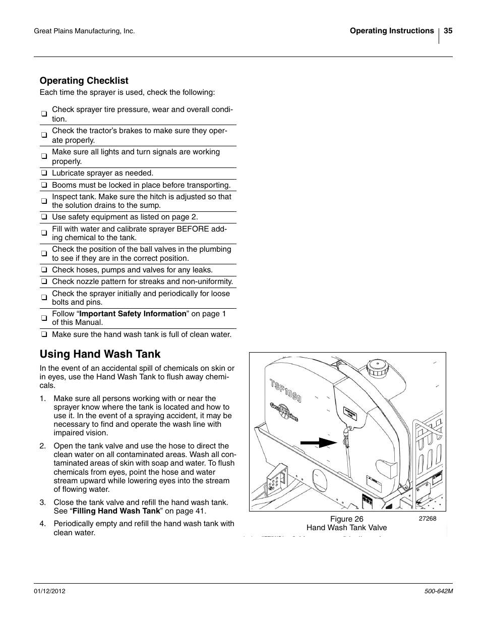 Operating checklist, Using hand wash tank | Great Plains TSF1260 Operator Manual User Manual | Page 39 / 94