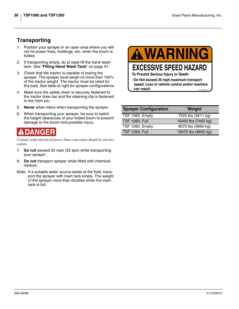 Transporting, Warning, Excessive speed hazard | Great Plains TSF1260 Operator Manual User Manual | Page 40 / 94