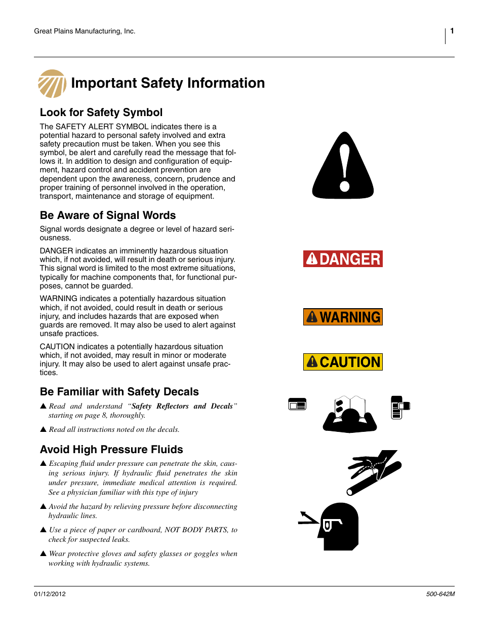 Important safety information, Look for safety symbol, Be aware of signal words | Be familiar with safety decals, Avoid high pressure fluids | Great Plains TSF1260 Operator Manual User Manual | Page 5 / 94