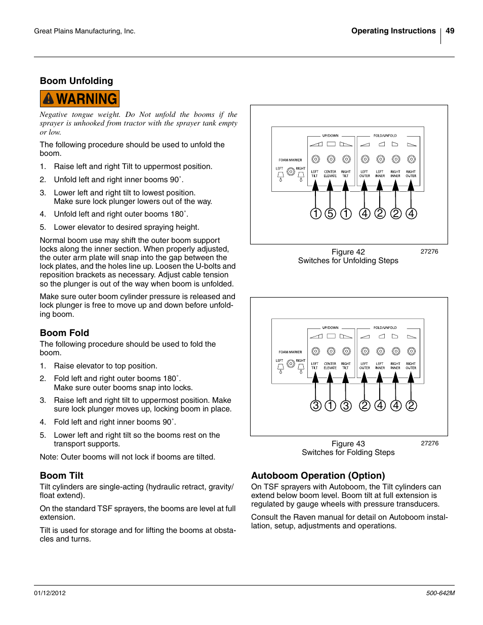 Boom unfolding, Boom fold, Boom tilt | Autoboom operation (option) | Great Plains TSF1260 Operator Manual User Manual | Page 53 / 94