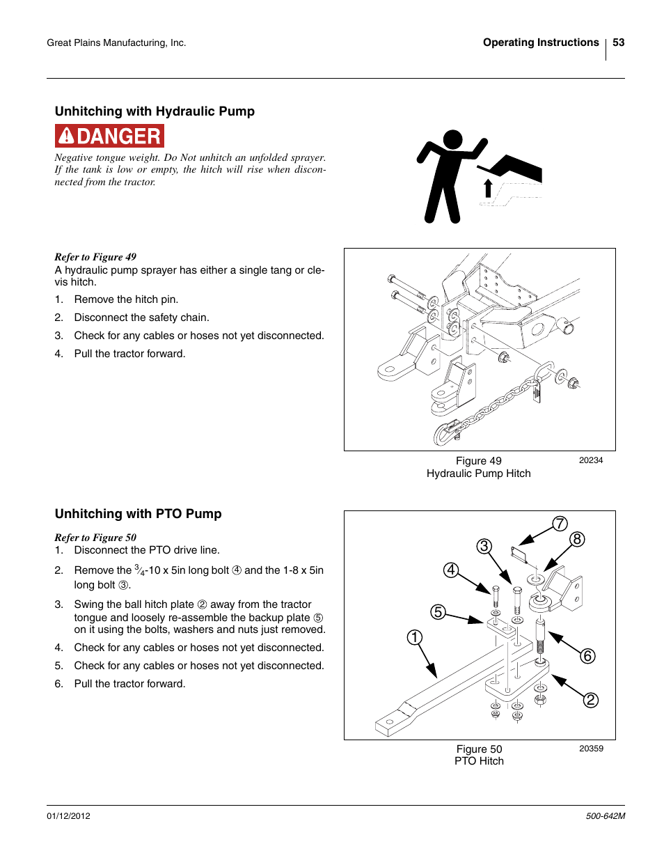 Unhitching with hydraulic pump, Unhitching with pto pump, Refer to figure 49 | Figure 50 | Great Plains TSF1260 Operator Manual User Manual | Page 57 / 94