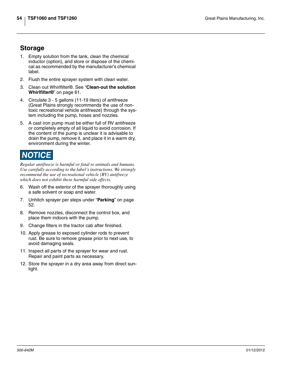 Storage | Great Plains TSF1260 Operator Manual User Manual | Page 58 / 94