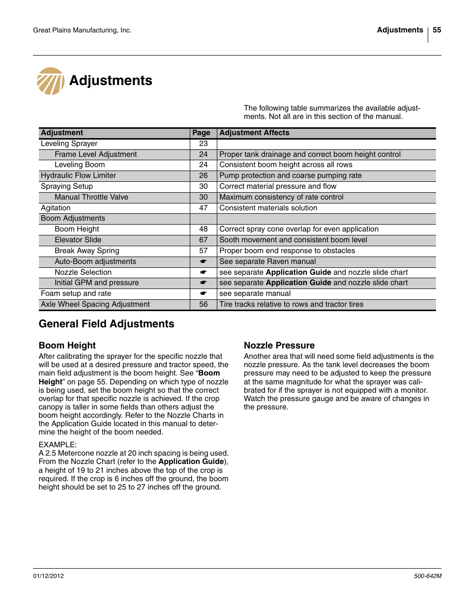 Adjustments, General field adjustments, Boom height | Nozzle pressure, Adjustments general field adjustments, Boom height nozzle pressure | Great Plains TSF1260 Operator Manual User Manual | Page 59 / 94