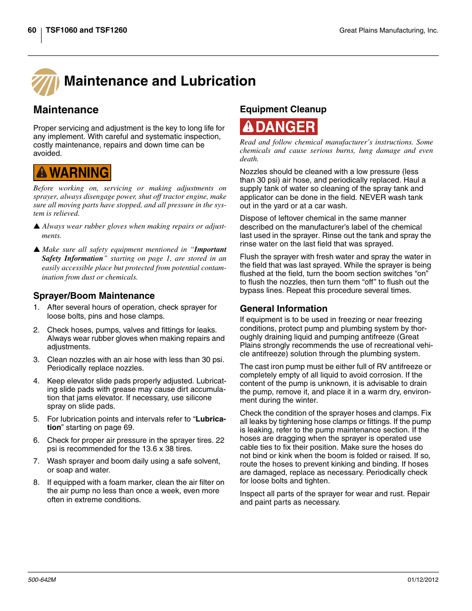 Maintenance and lubrication, Maintenance, Sprayer/boom maintenance | Equipment cleanup, General information, Maintenance and lubrication maintenance | Great Plains TSF1260 Operator Manual User Manual | Page 64 / 94