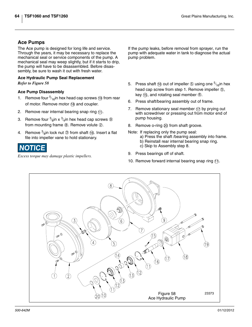 Ace pumps, Ace hydraulic pump seal replacement, Ace pump disassembly | Great Plains TSF1260 Operator Manual User Manual | Page 68 / 94