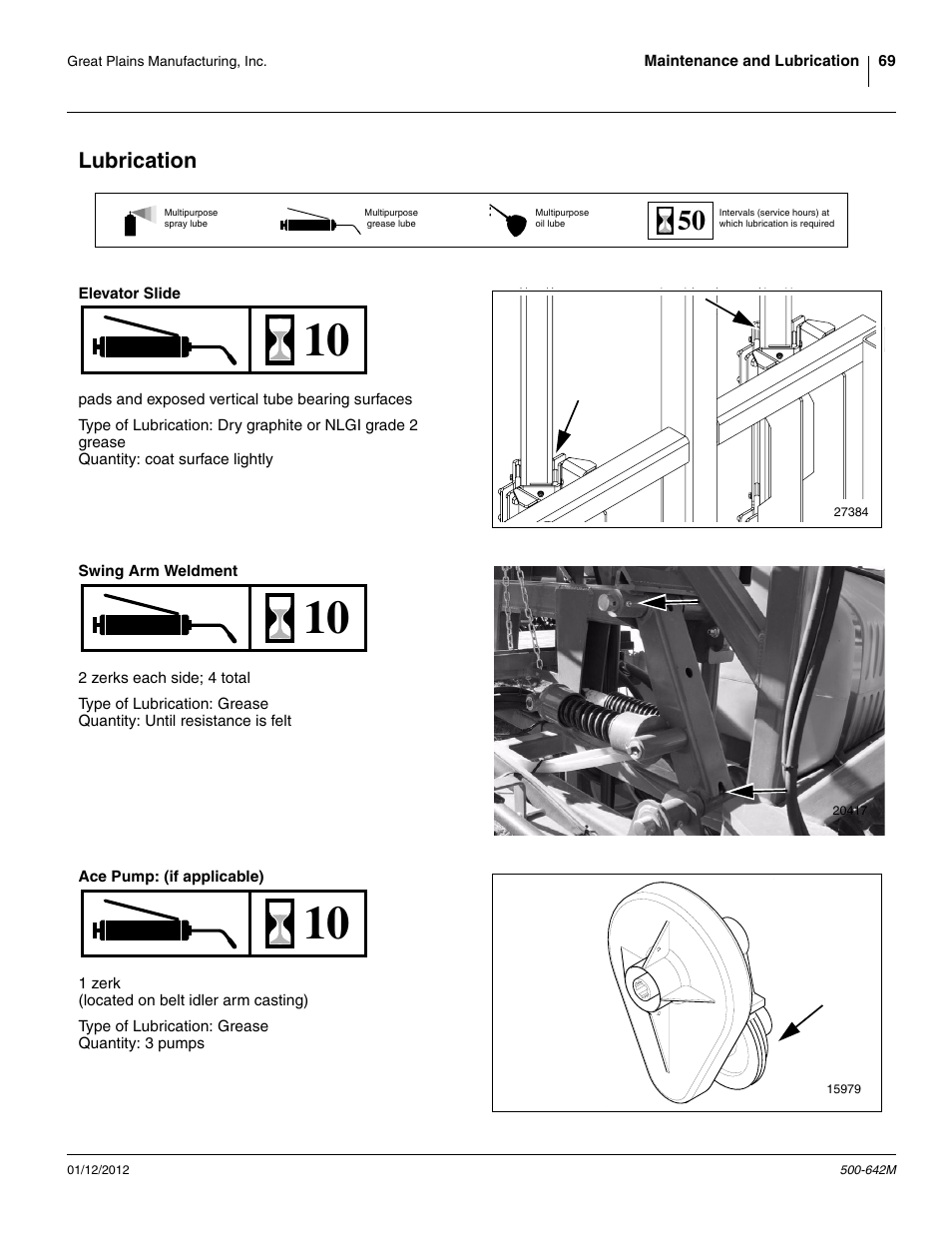 Lubrication, Elevator slide, Swing arm weldment | Ace pump: (if applicable) | Great Plains TSF1260 Operator Manual User Manual | Page 73 / 94