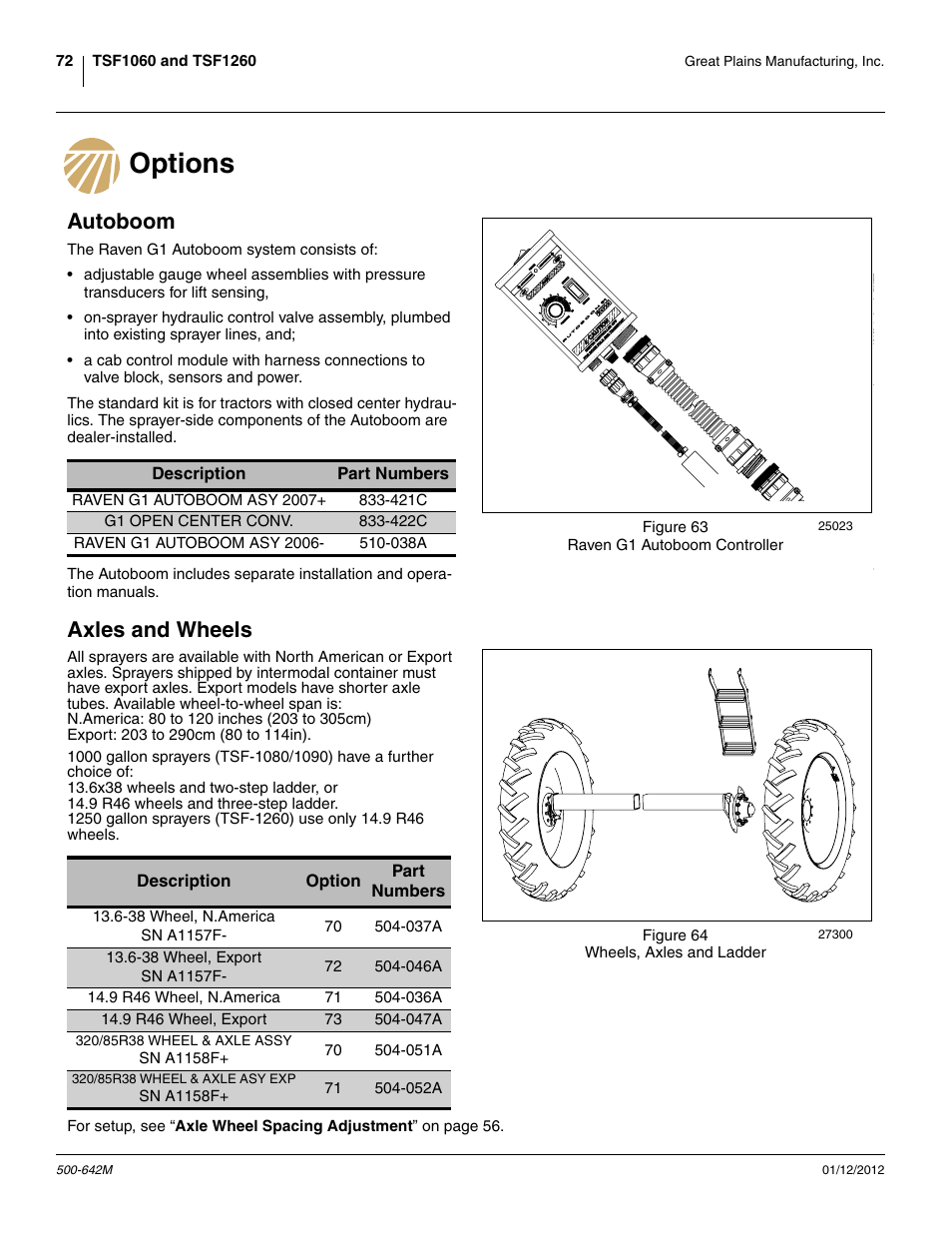 Options, Autoboom, Axles and wheels | Options autoboom | Great Plains TSF1260 Operator Manual User Manual | Page 76 / 94