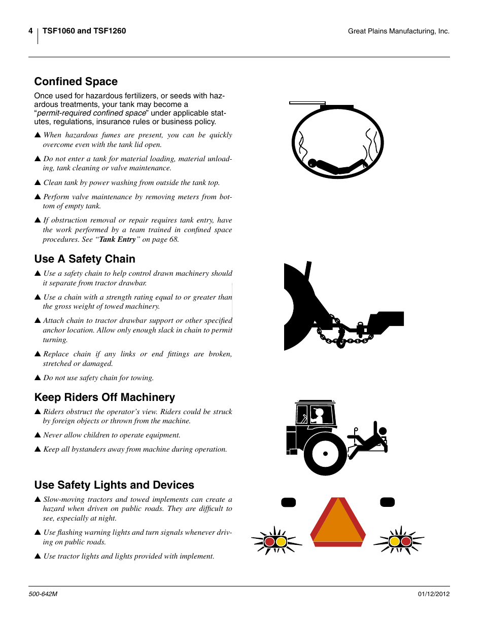 Confined space, Use a safety chain, Keep riders off machinery | Use safety lights and devices | Great Plains TSF1260 Operator Manual User Manual | Page 8 / 94