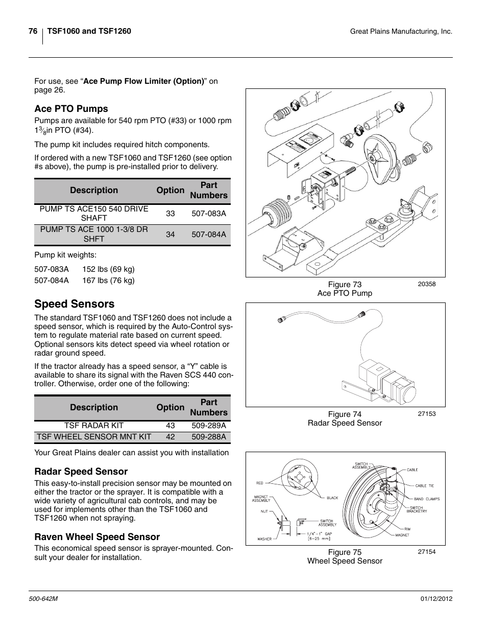 Ace pto pumps, Speed sensors, Radar speed sensor | Raven wheel speed sensor, Radar speed sensor raven wheel speed sensor | Great Plains TSF1260 Operator Manual User Manual | Page 80 / 94