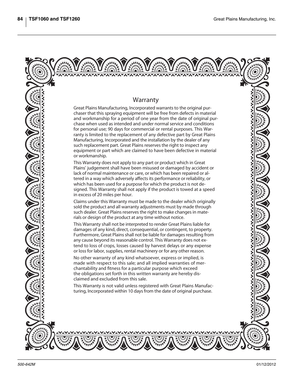 Warranty | Great Plains TSF1260 Operator Manual User Manual | Page 88 / 94