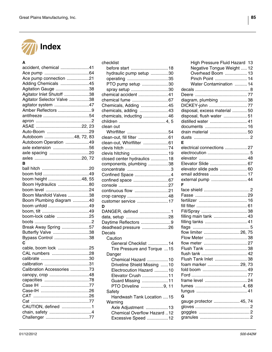 Index | Great Plains TSF1260 Operator Manual User Manual | Page 89 / 94