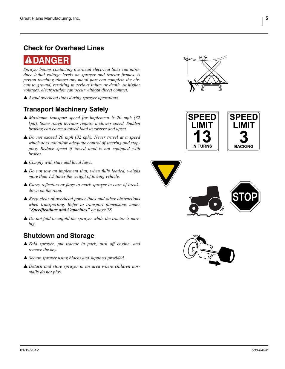 Check for overhead lines, Transport machinery safely, Shutdown and storage | Great Plains TSF1260 Operator Manual User Manual | Page 9 / 94