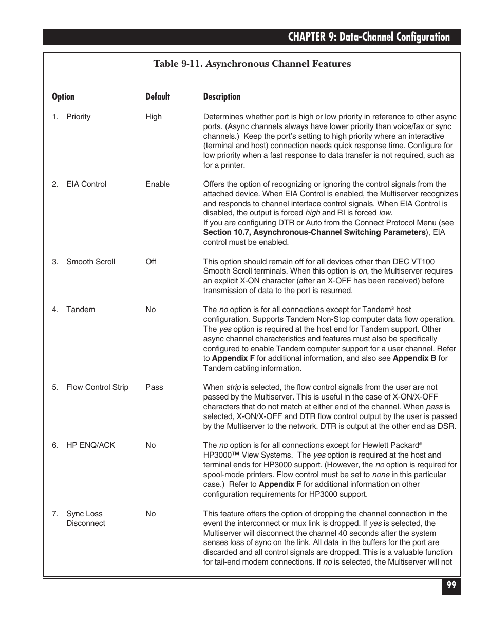 Chapter 9: data-channel configuration, Table 9-11. asynchronous channel features | Black Box 5000 User Manual | Page 101 / 268