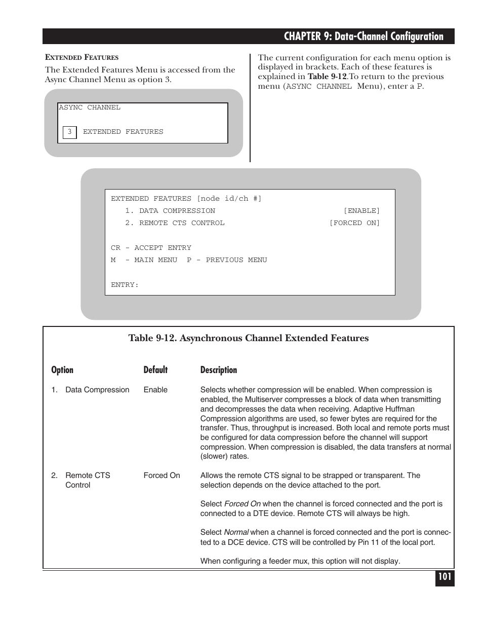Chapter 9: data-channel configuration, Table 9-12. asynchronous channel extended features | Black Box 5000 User Manual | Page 103 / 268