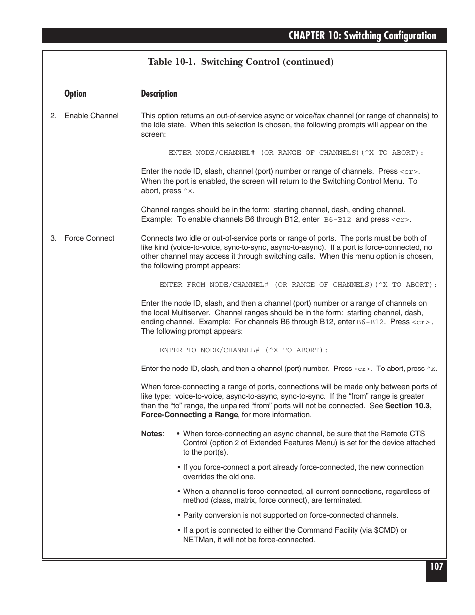 Chapter 10: switching configuration, Table 10-1. switching control (continued) | Black Box 5000 User Manual | Page 109 / 268