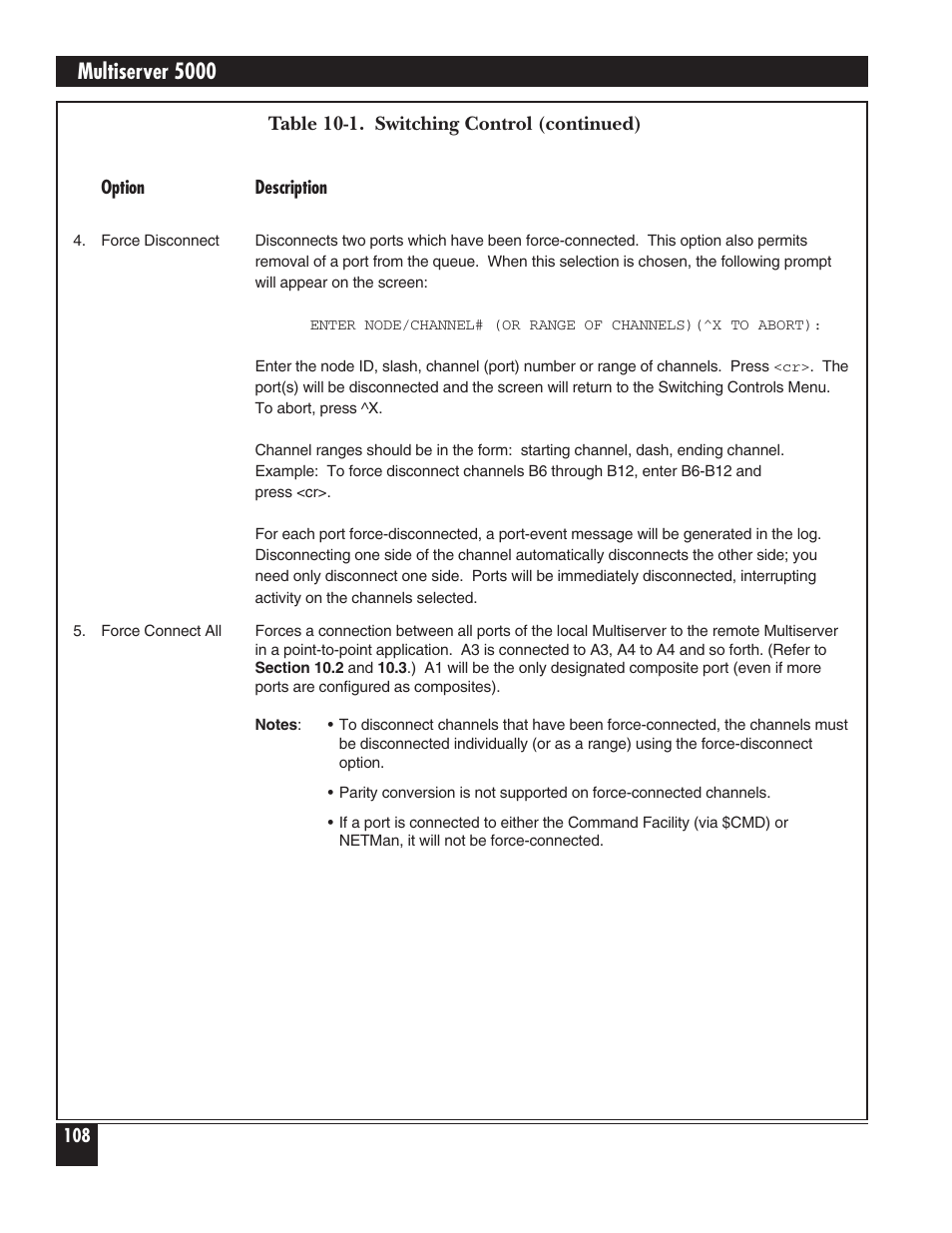 Multiserver 5000, Table 10-1. switching control (continued) | Black Box 5000 User Manual | Page 110 / 268