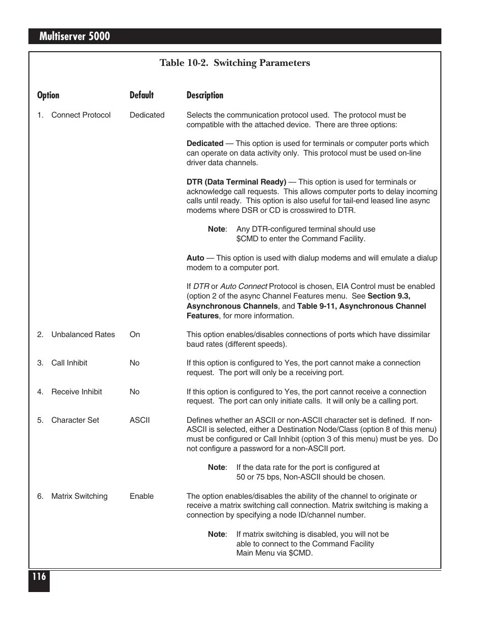 Multiserver 5000, Table 10-2. switching parameters | Black Box 5000 User Manual | Page 118 / 268